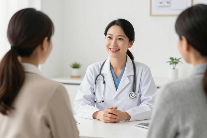 طبيبة تناقش التغذية الصحية مع عائلة في العيادة