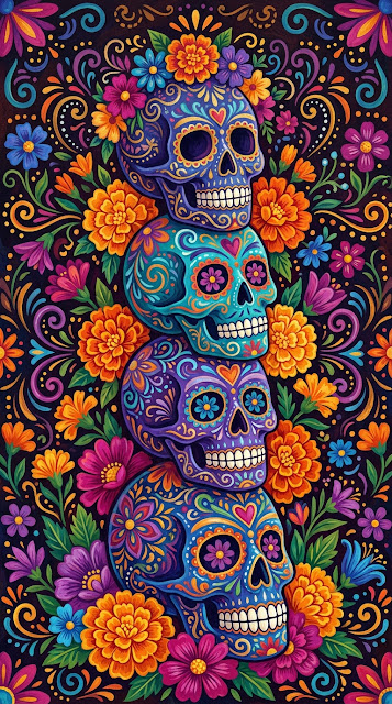 Vibrant Blue and Purple Sugar Skulls with Traditional Floral Decorations - Free mobile Wallpaper
