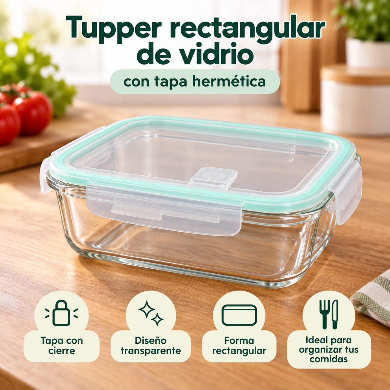 Tupper rectangular de vidrio con tapa hermética