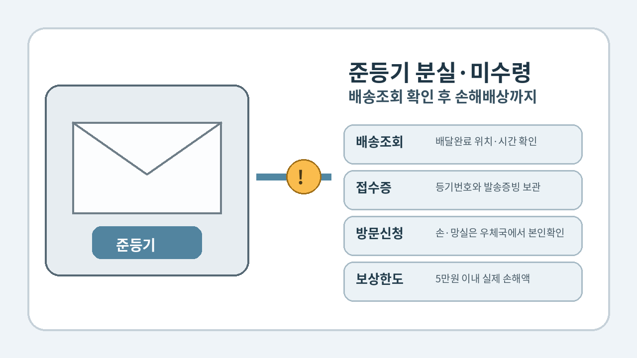 우체국 준등기
배송완료 후 우편물을 찾지 못한 상황과 분실 보상 절차를 보여주는 대표 이미지