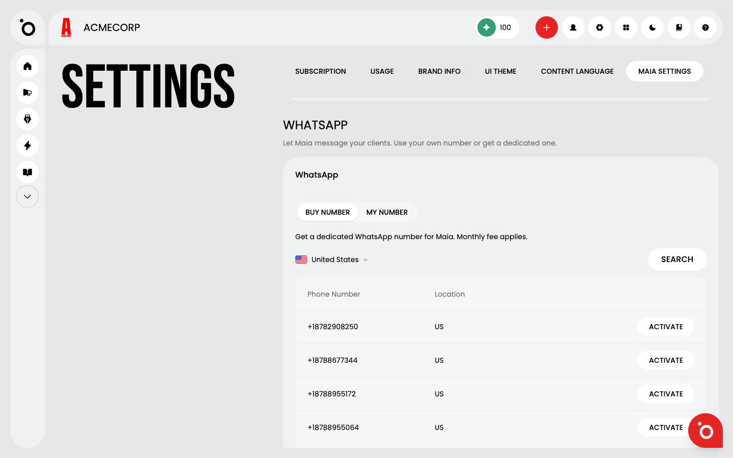 A results table of available phone numbers with a Buy button next to each row