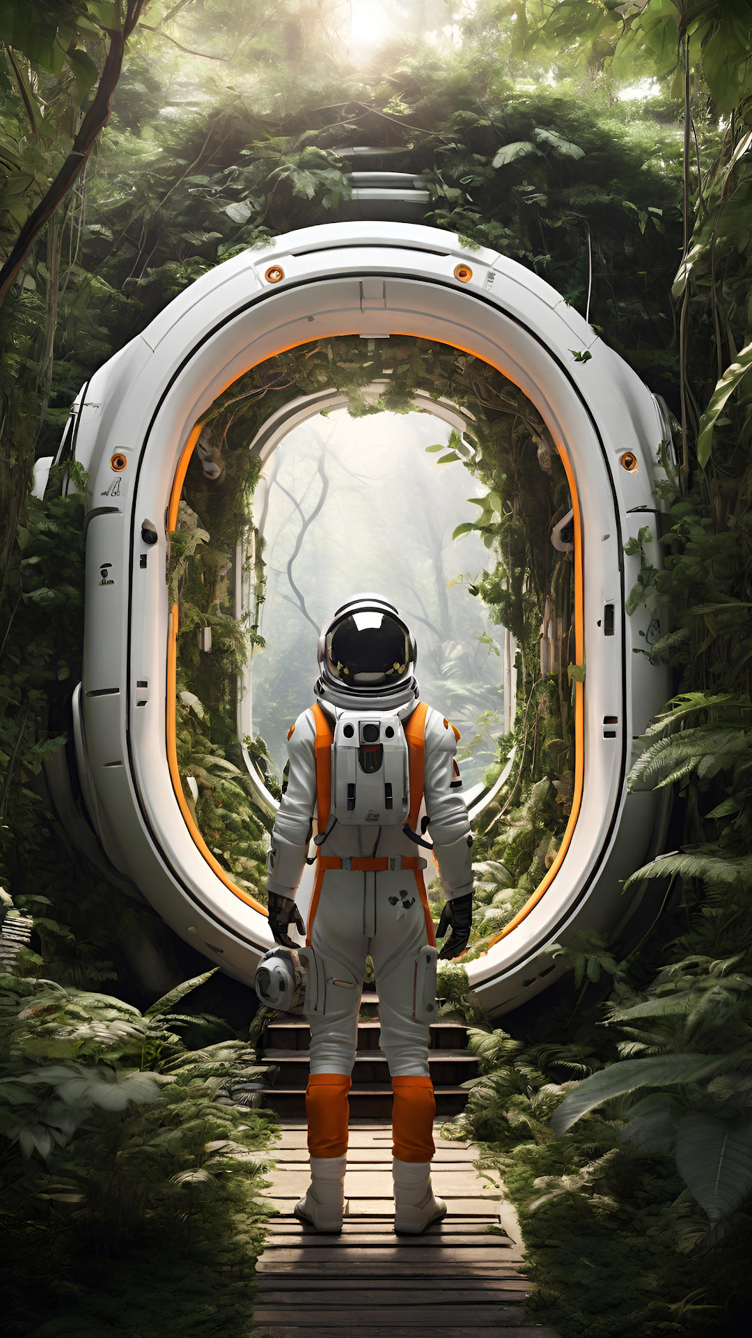 Astronaut Explorer at Jungle Portal Gateway - Free 4K mobile Wallpaper