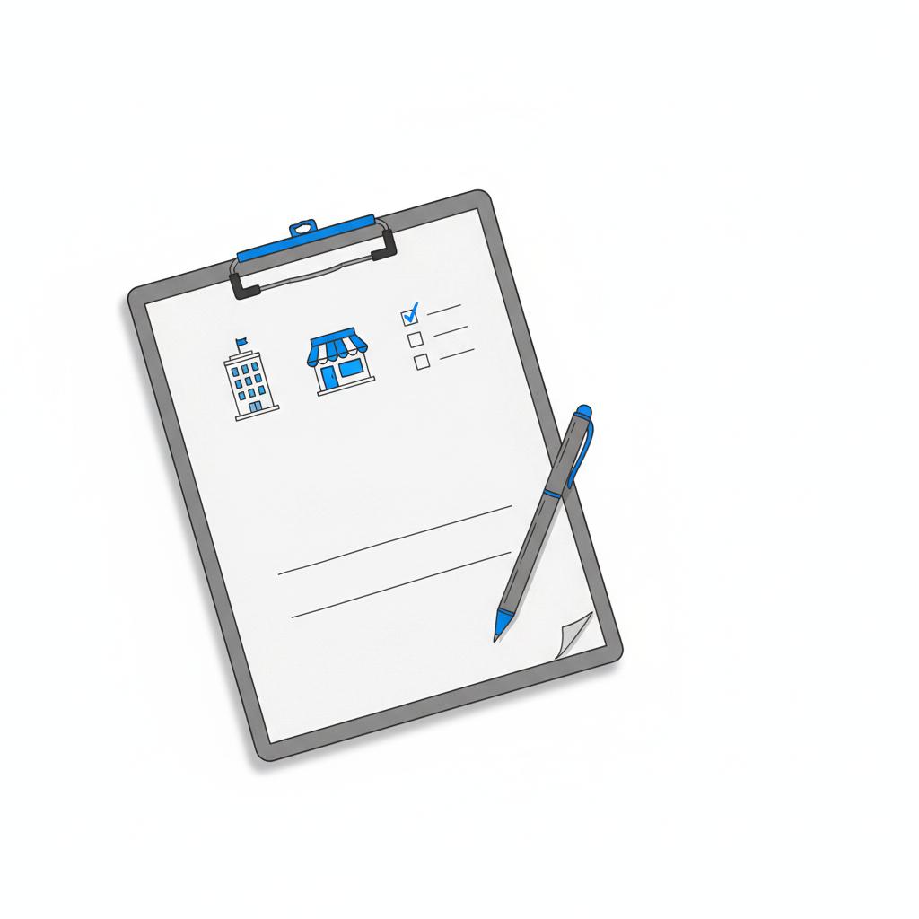 Top-down minimalist clipboard intake form illustration with icons for office, retail storefront, and school, a small checklist and pen for commercial cleaning leads