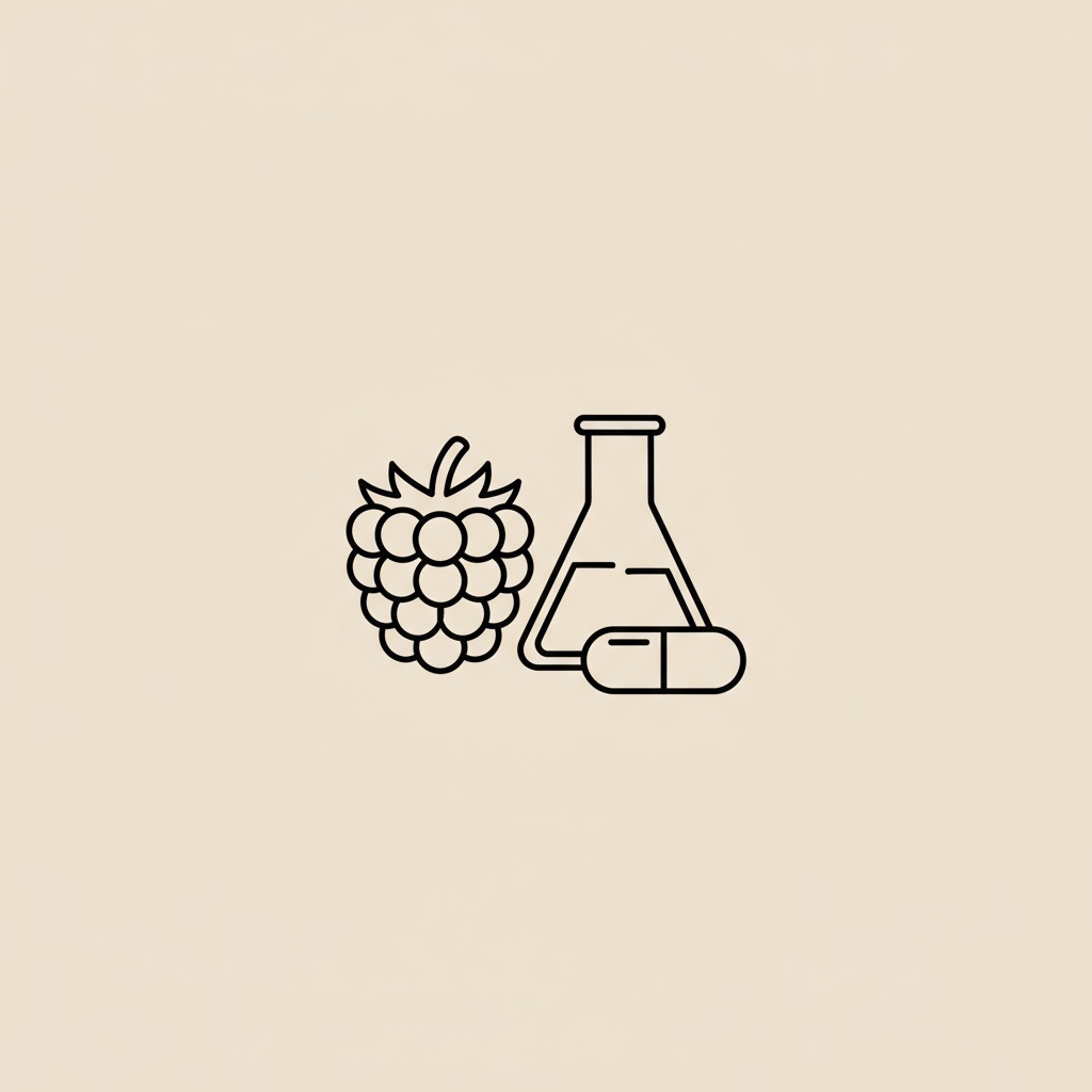 Minimal Tonum-style line illustration of a raspberry, lab beaker, and capsule on beige background, illustrating raspberry ketone for skin
