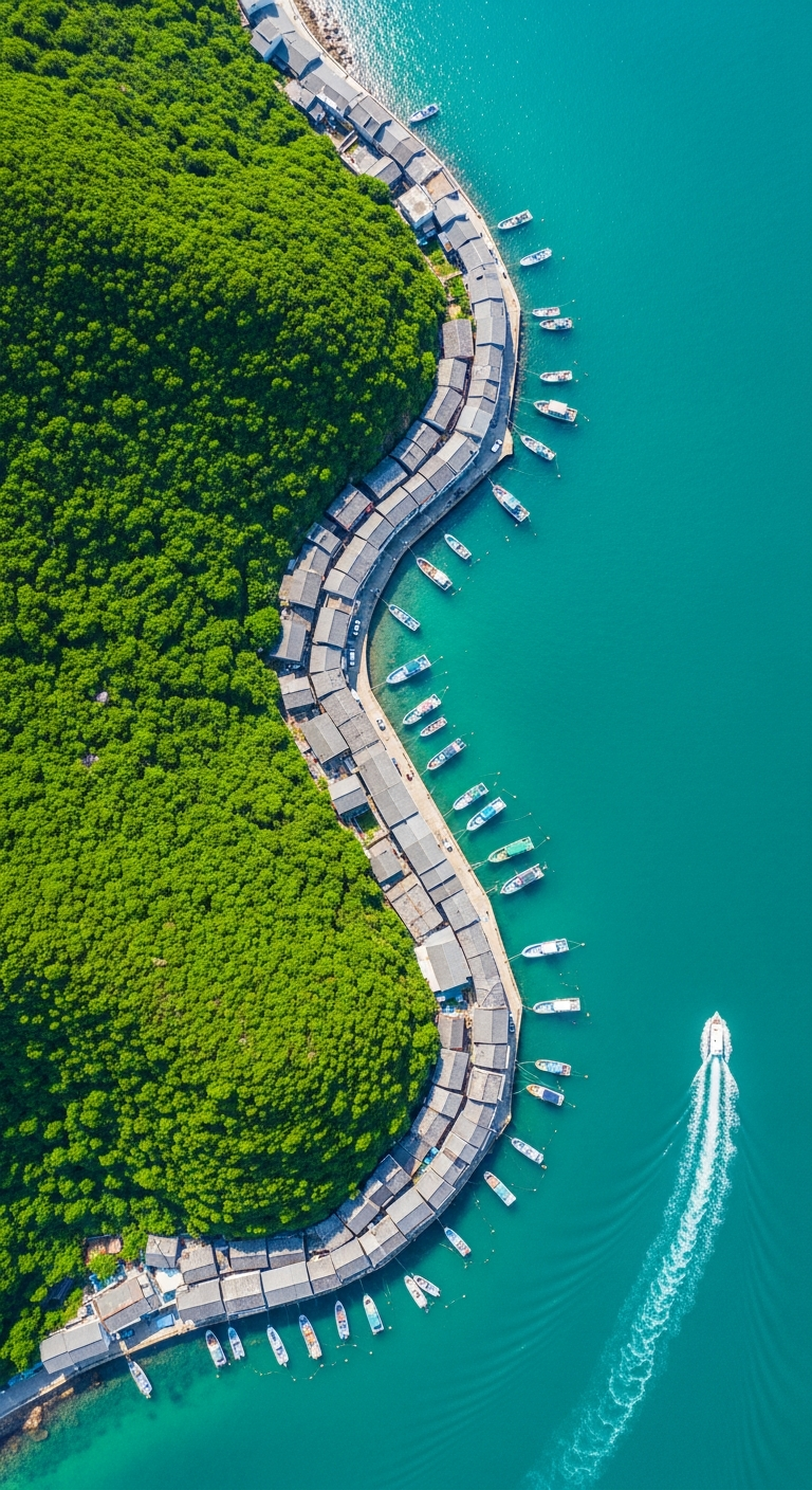 Geometric Overhead Aerial of Village Curved Around a Lush Green Coastal Inlet - Free 4K mobile Wallpaper