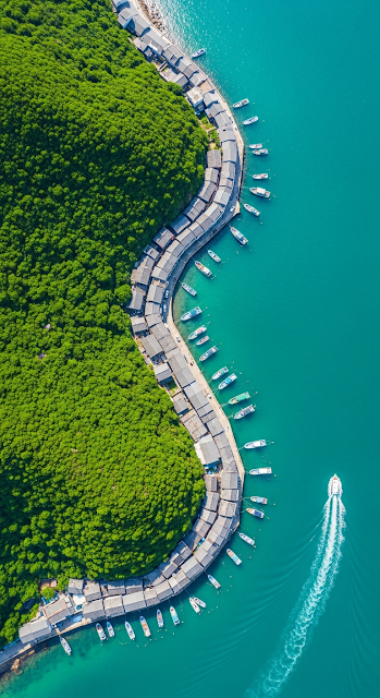 Geometric Overhead Aerial of Village Curved Around a Lush Green Coastal Inlet