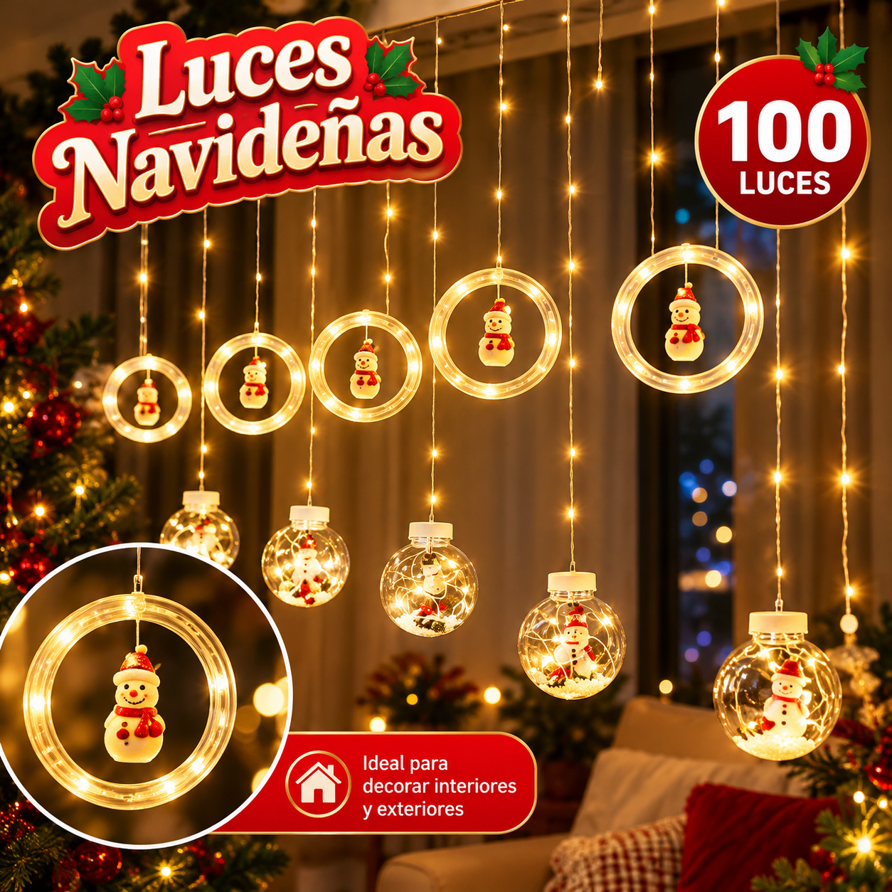 Cortina de 100 luces LED con esferas y figuras navideñas