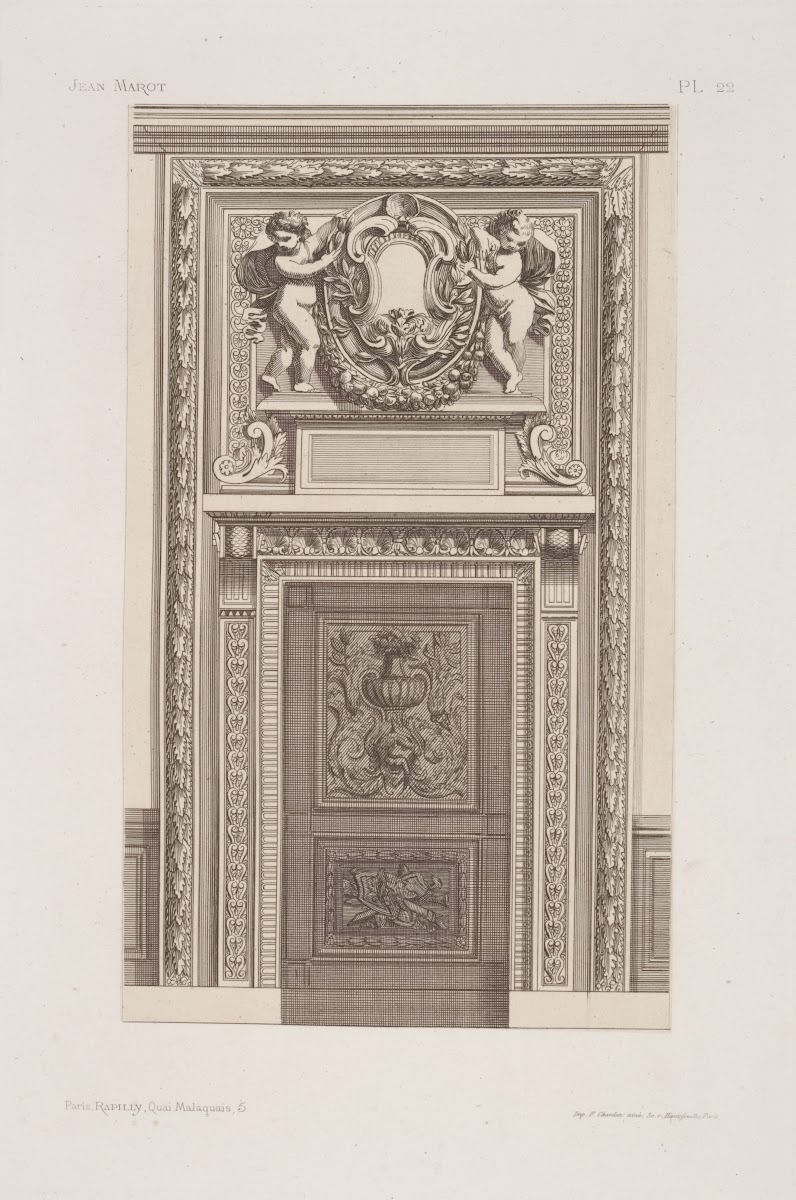 Design for doorway with two cherubs in projection above doorframe holding rounde