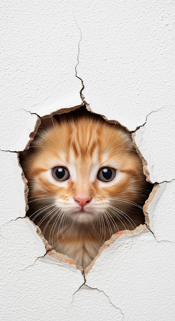 Cute Ginger Cat Peeking Through a White Wall Hole - Free mobile Wallpaper