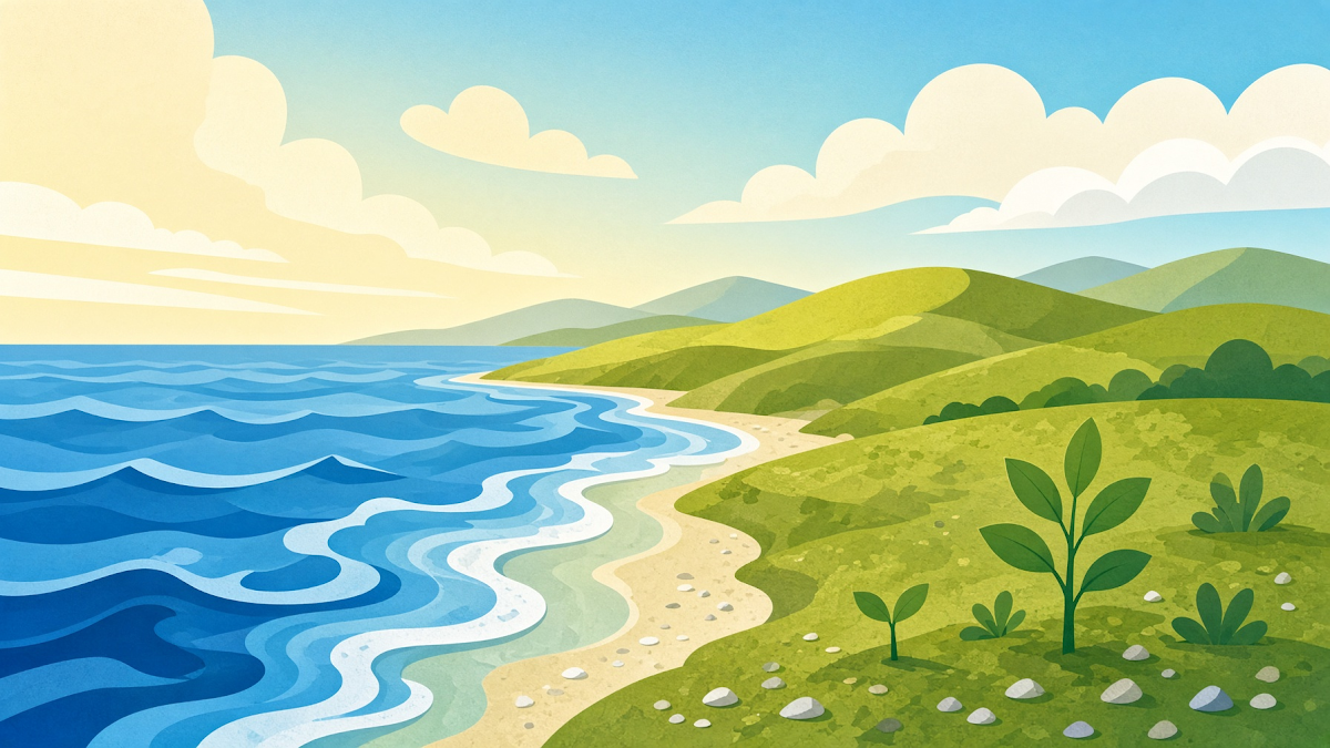 The waters gathering to one place as dry land appears on day three (Genesis 1:9-10) — Origin Bible free Bible image