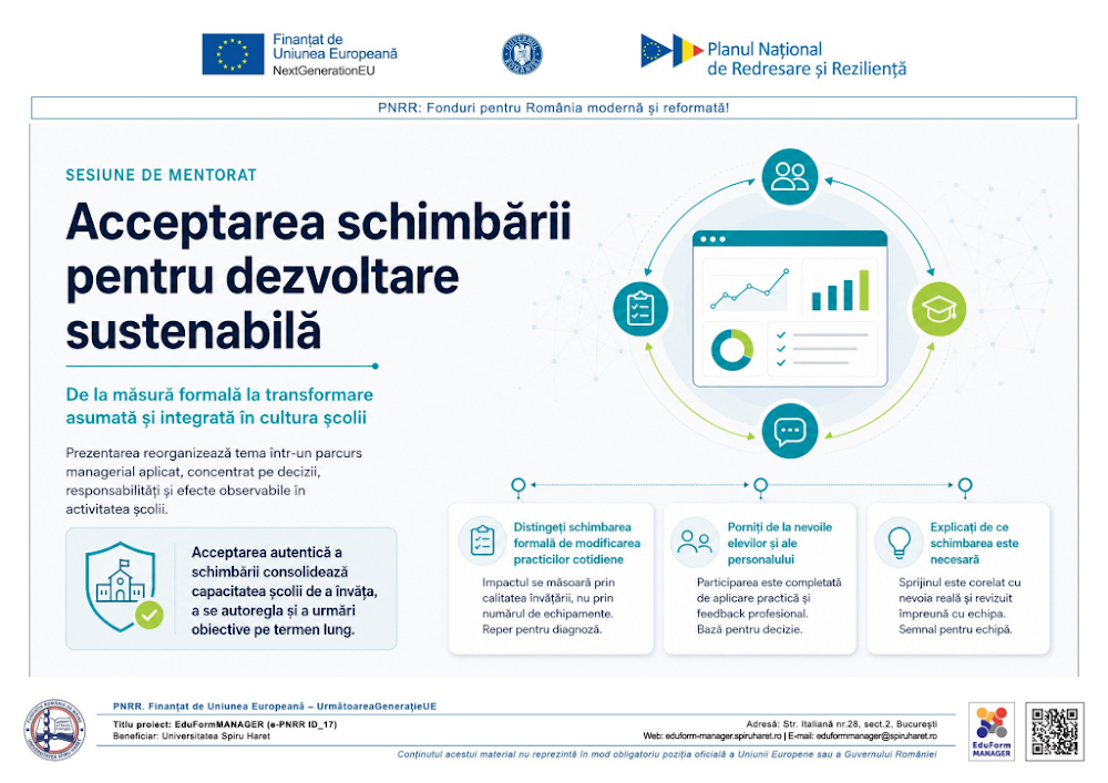 Coperta ghidului Acceptarea schimbării ca factor al dezvoltării instituționale sustenabile