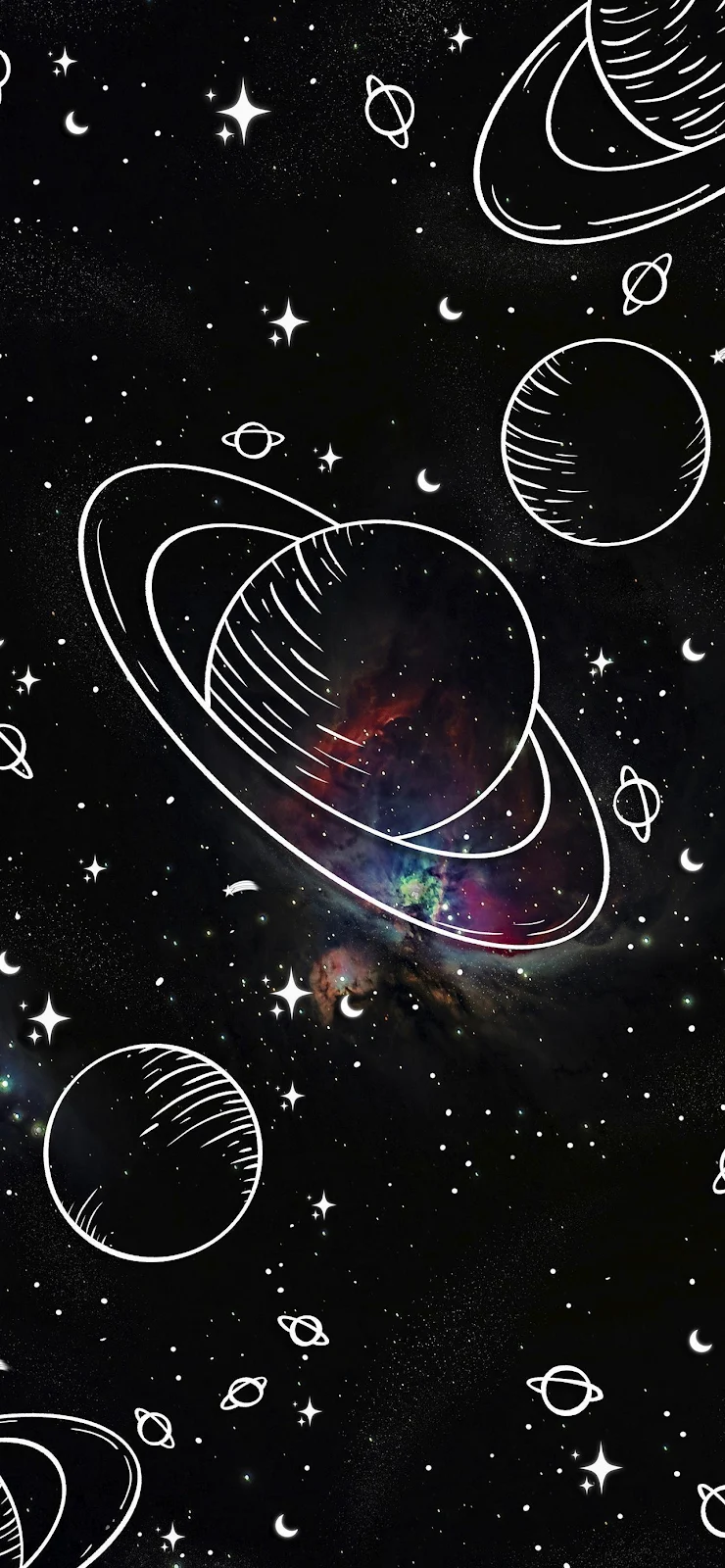 Hand Drawn Planets In Space - Minimalist Digital Art Full HD iPhone Wallpaper (1284x2778)