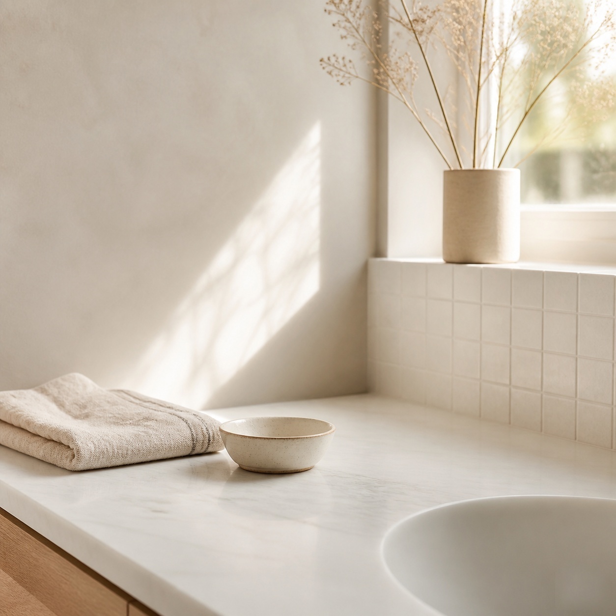 things I stopped buying simple living — a clean bathroom counter in the morning light