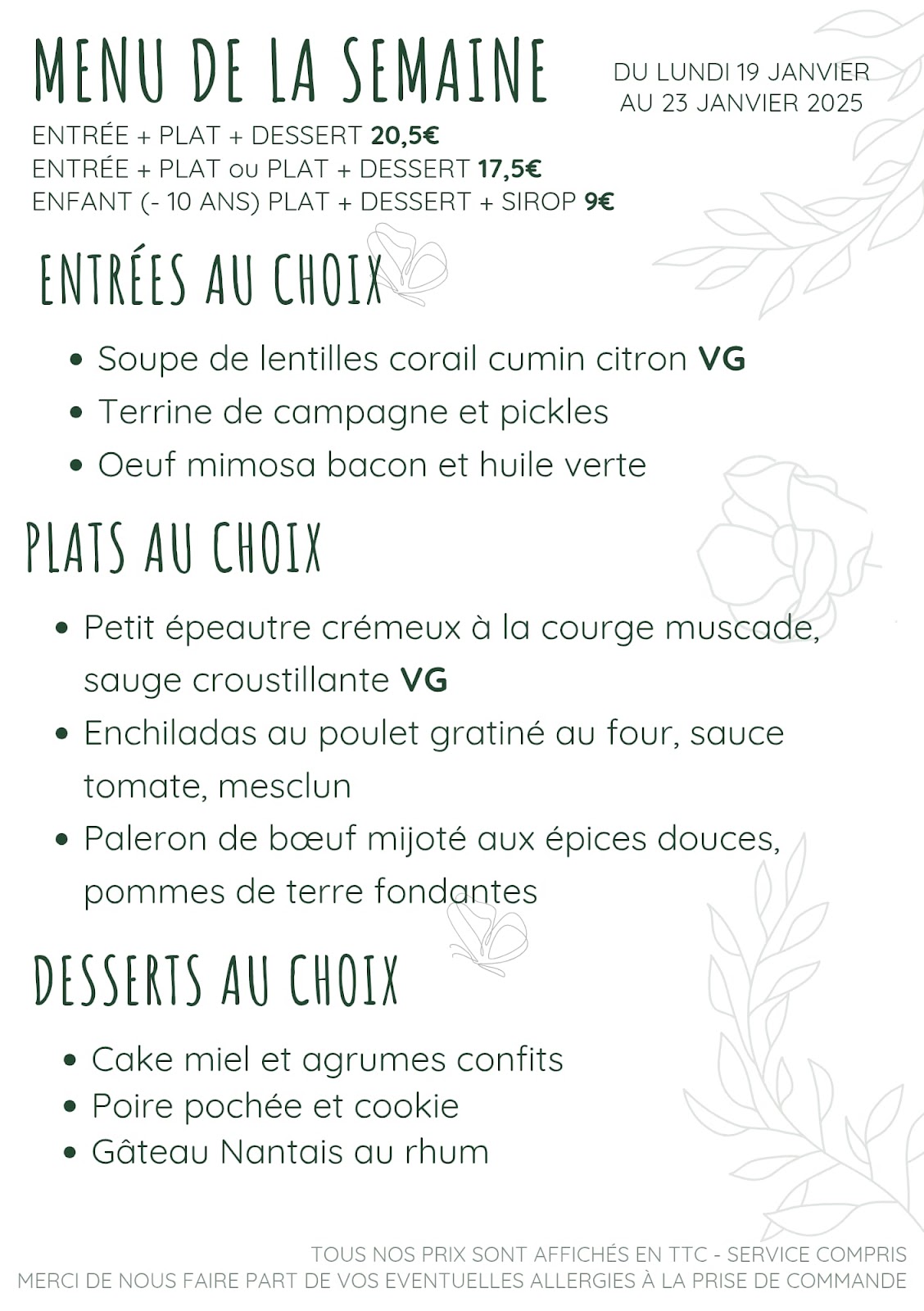 Menu du restaurant