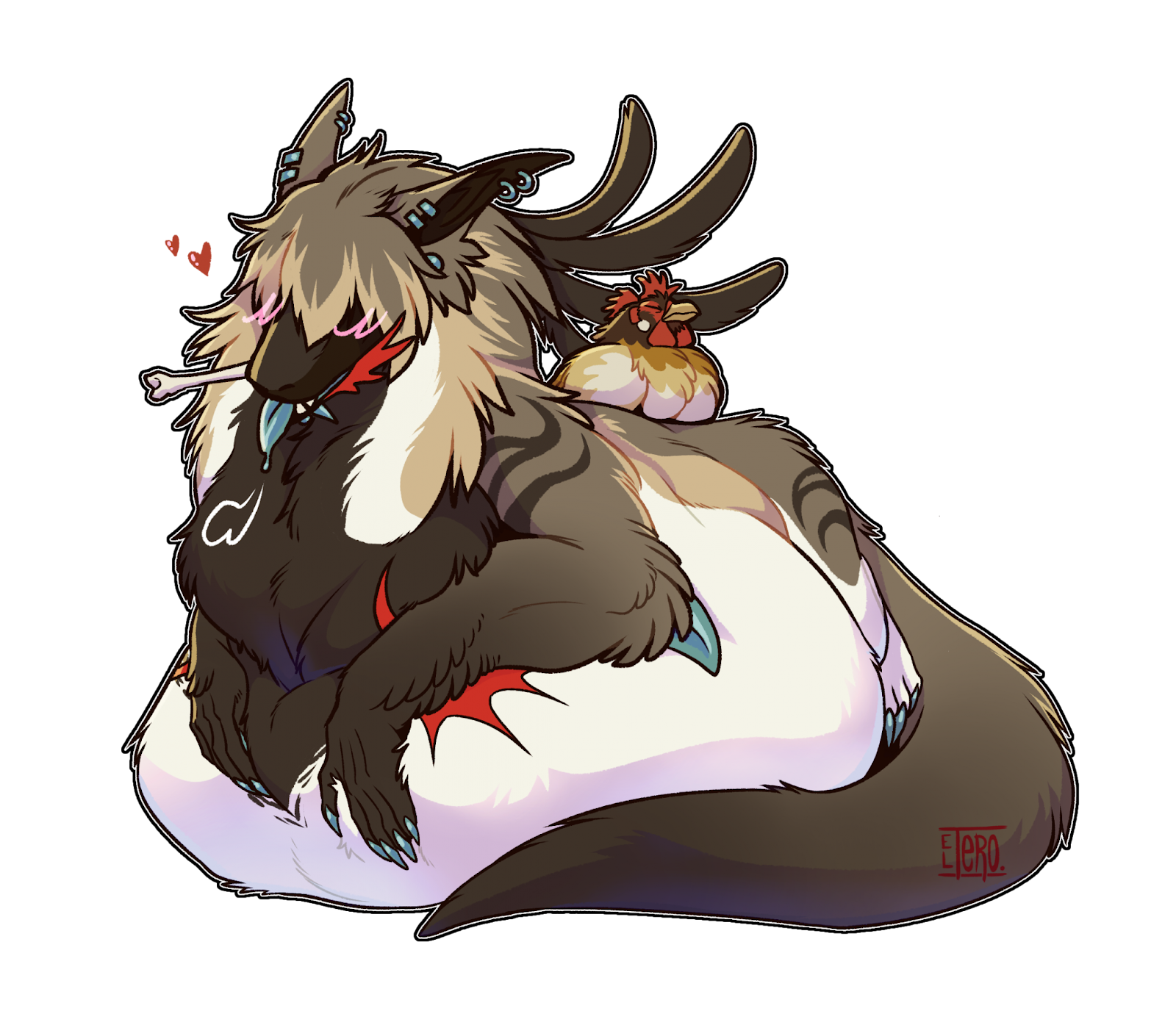 Comfy creature resting on its huge round belly.