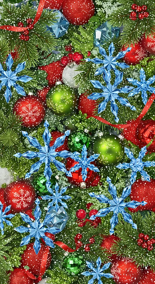 Vibrant Christmas Ornaments and Blue Crystal Snowflakes Pattern