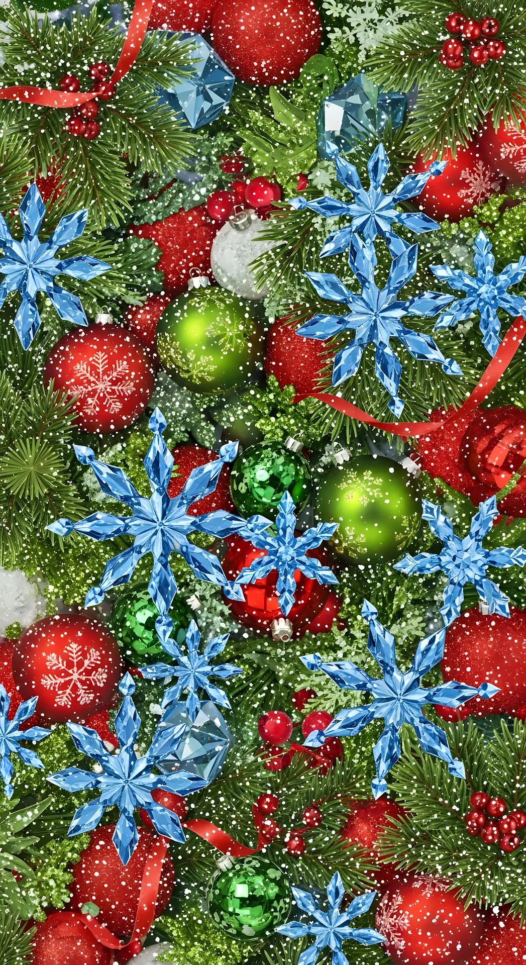 Vibrant Christmas Ornaments and Blue Crystal Snowflakes Pattern - Free 4K mobile Wallpaper