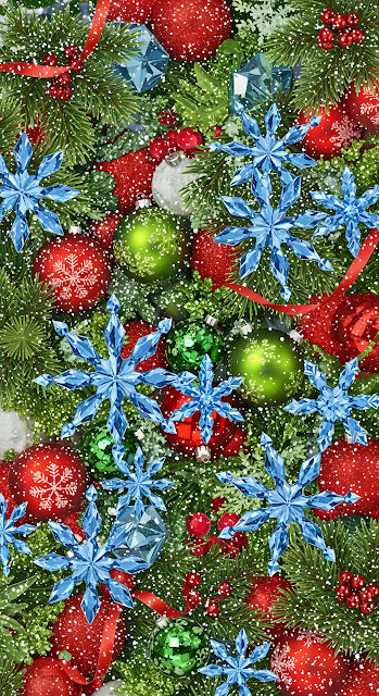 Vibrant Christmas Ornaments and Blue Crystal Snowflakes Pattern - Free mobile Wallpaper