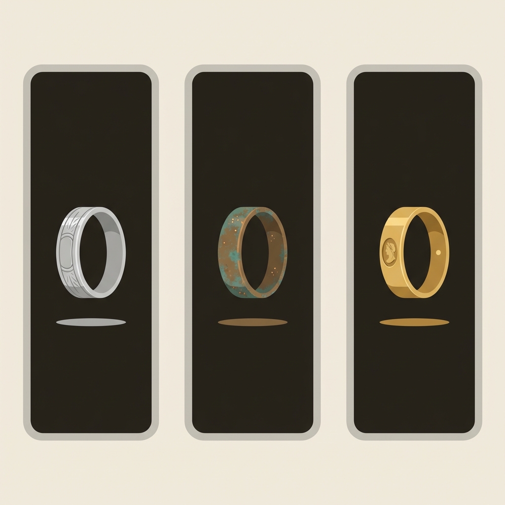 Vector triptych of a silver engraved band, a medieval bronze ring with muted green patina, and a gold intaglio ring on dark panels against a light Aurora Antiqua background
