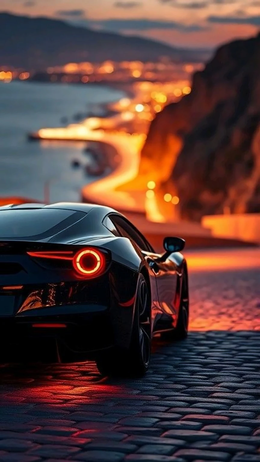 Luxury Sports Car Taillight View Coastal Night Drive