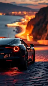Luxury Sports Car Taillight View Coastal Night Drive
