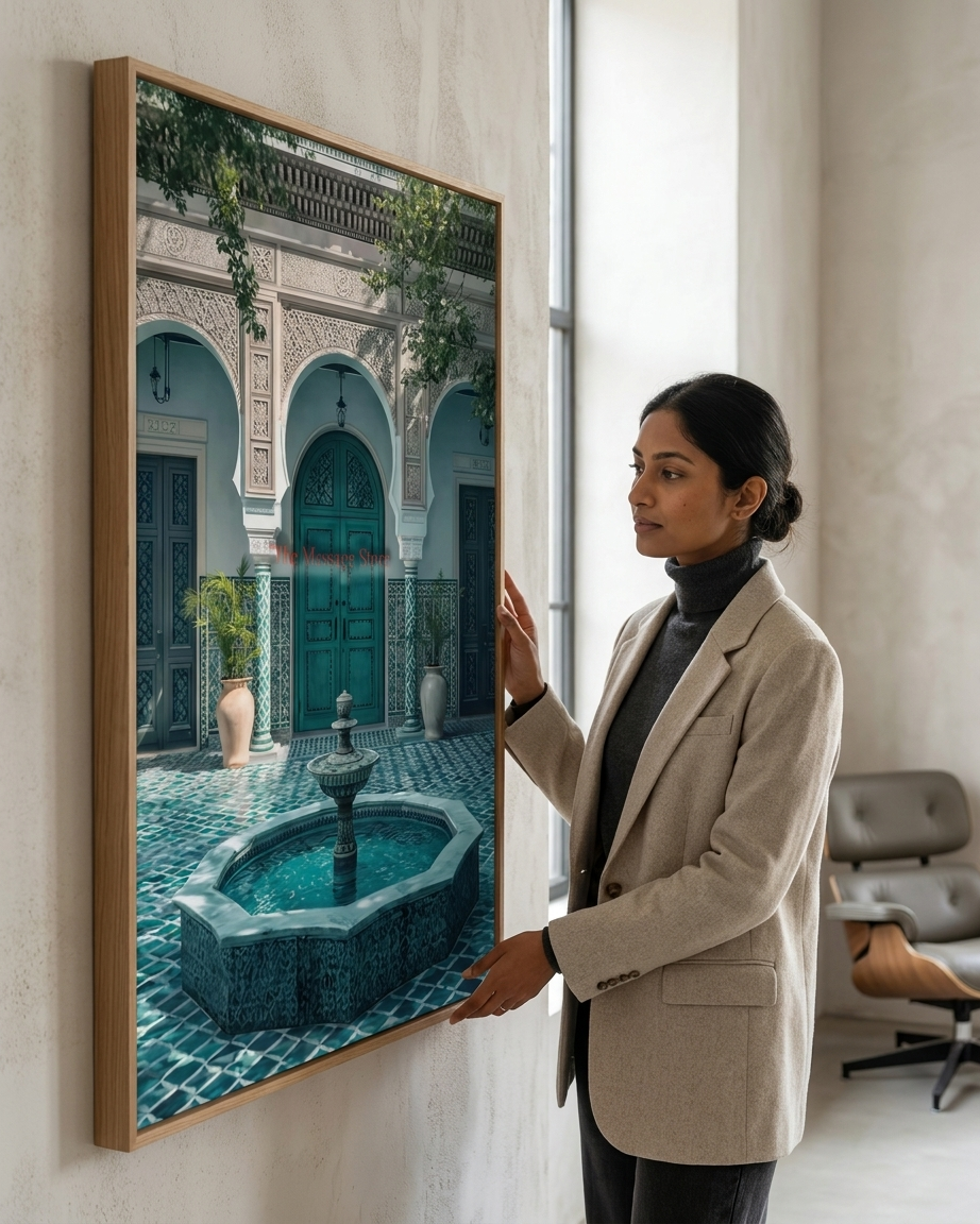 Moroccan Riad Courtyard & Fountain Canvas Wall Art – Teal Door Architecture Print - Image 4