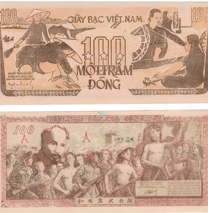 Tờ 100 đồng giấy bạc Việt Nam hai mặt, mặt trước cảnh lao động sản xuất, mặt sau chân dung Hồ Chí Minh và đám đông