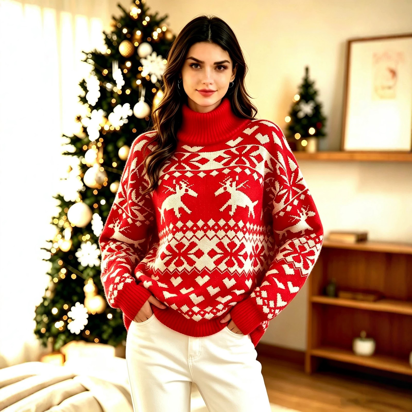 Red Women's Christmas Sweater with Reindeer Jacquard