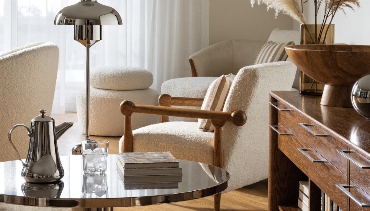 How to Make Chrome and Oak Decor Feel Cozy, Not Clinical - chrome wood textile and neutral color palette mood board