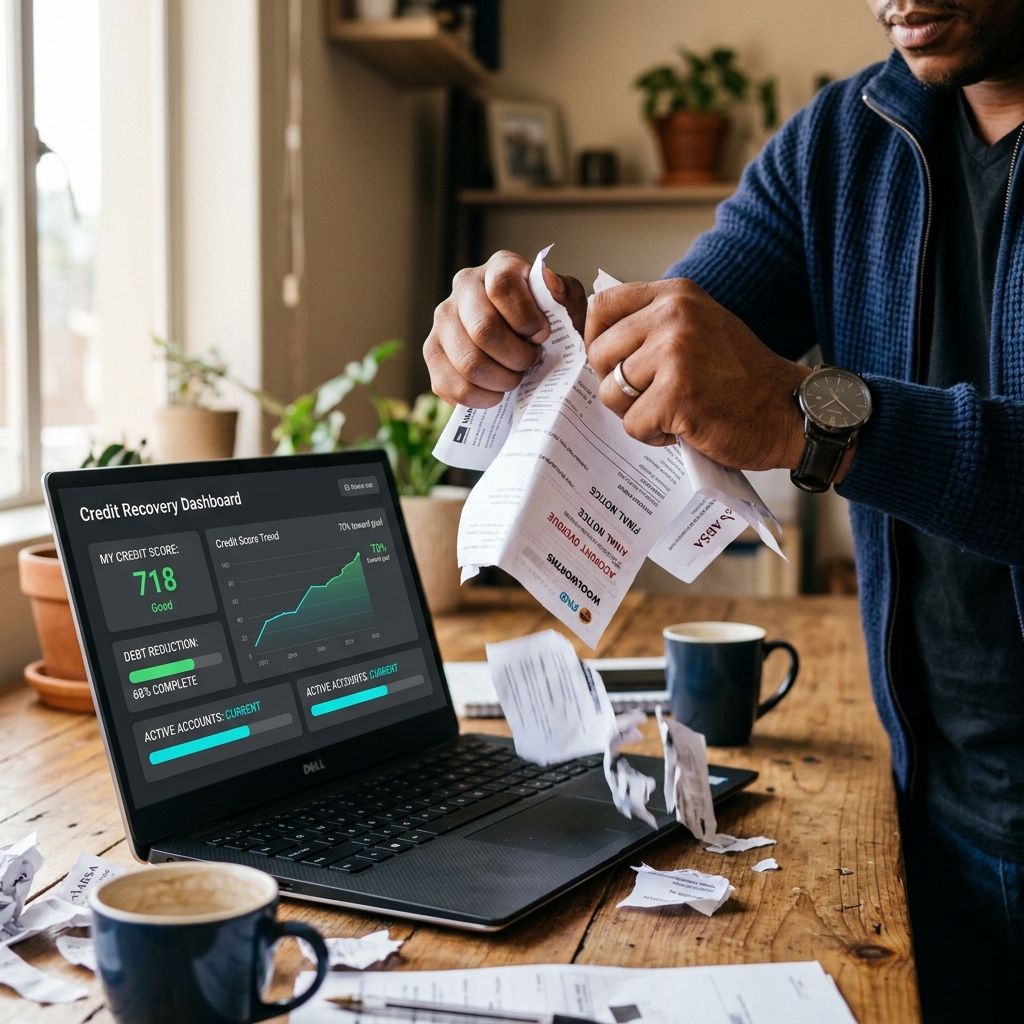 Hands tearing credit card statements with debt recovery dashboard on laptop