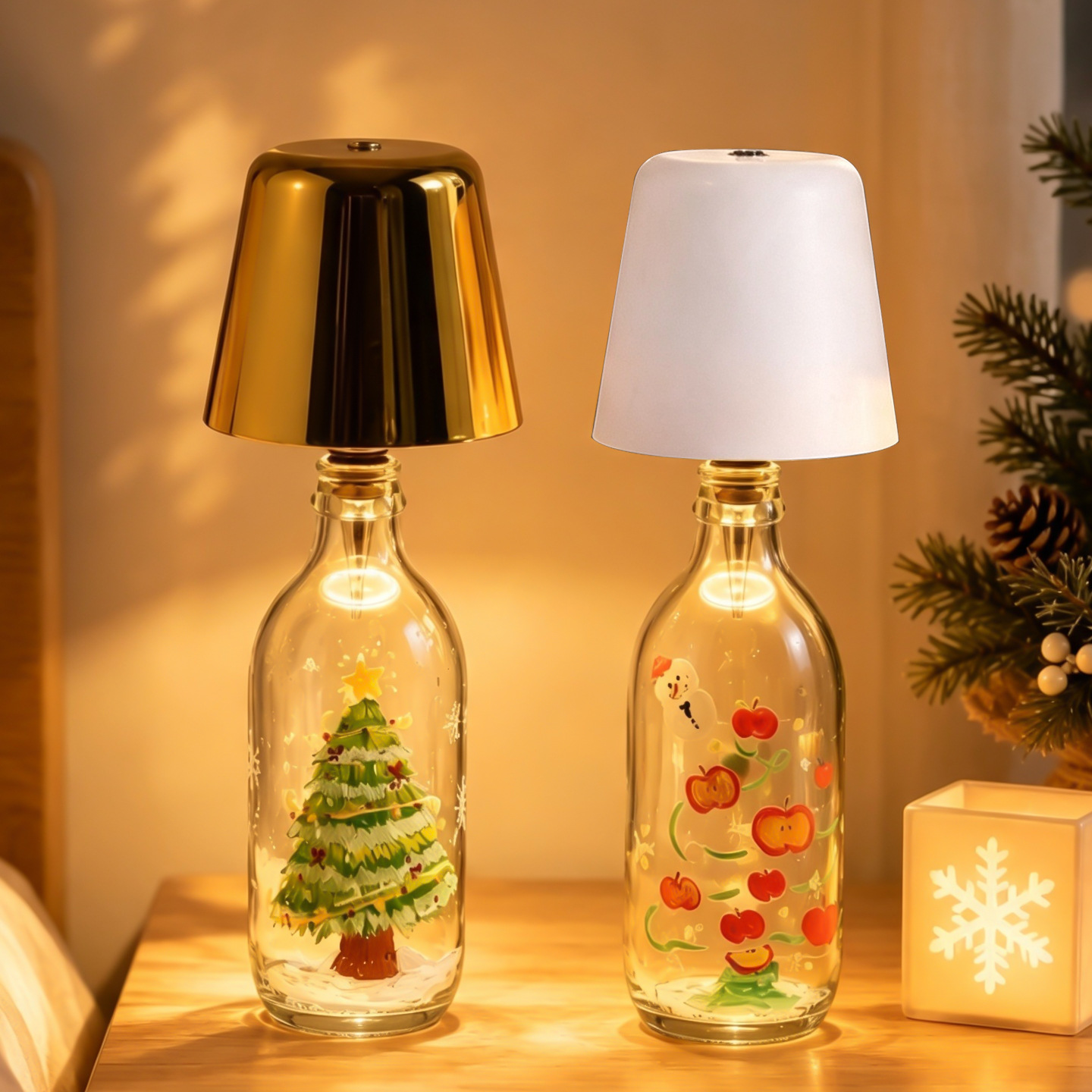 Weihnachtsbaum- und Weinflasche-Nachtlicht
