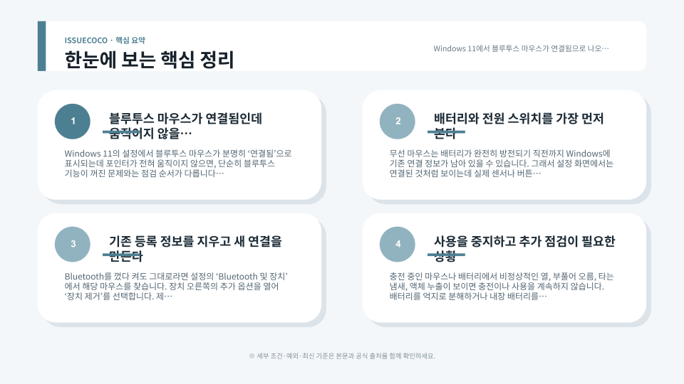 Windows 11 블루투스 마우스 연결 문제를 배터리와 재연결, USB 3.0 간섭, 드라이버 순서로 점검하는 장면