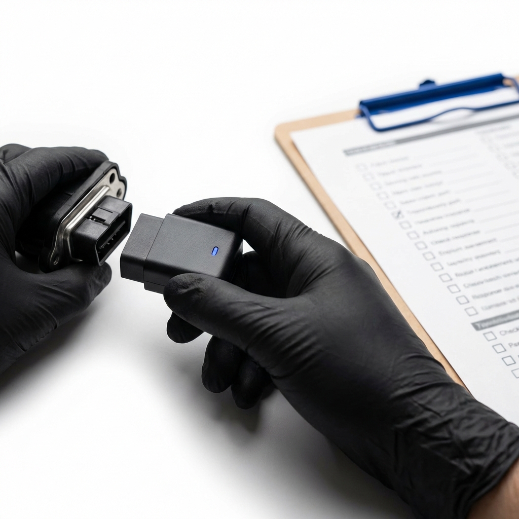 Close up of technician performing an OBD scan on a transmission diagnostic port with a clipboard checklist nearby used auto cars near me