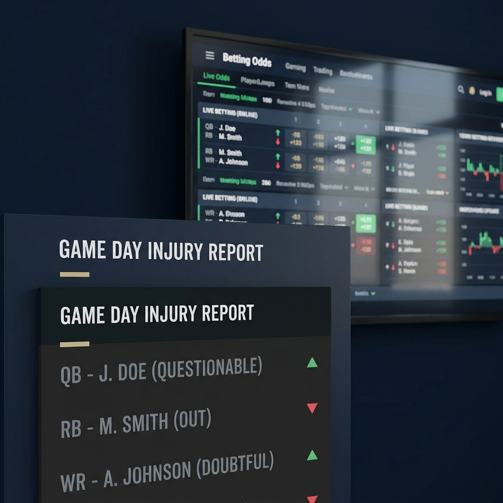 Close up full frame of a game day injury report board next to a trader screen showing live odds and charts styled for Trading NFL Division Games in Funded Plays brand colors