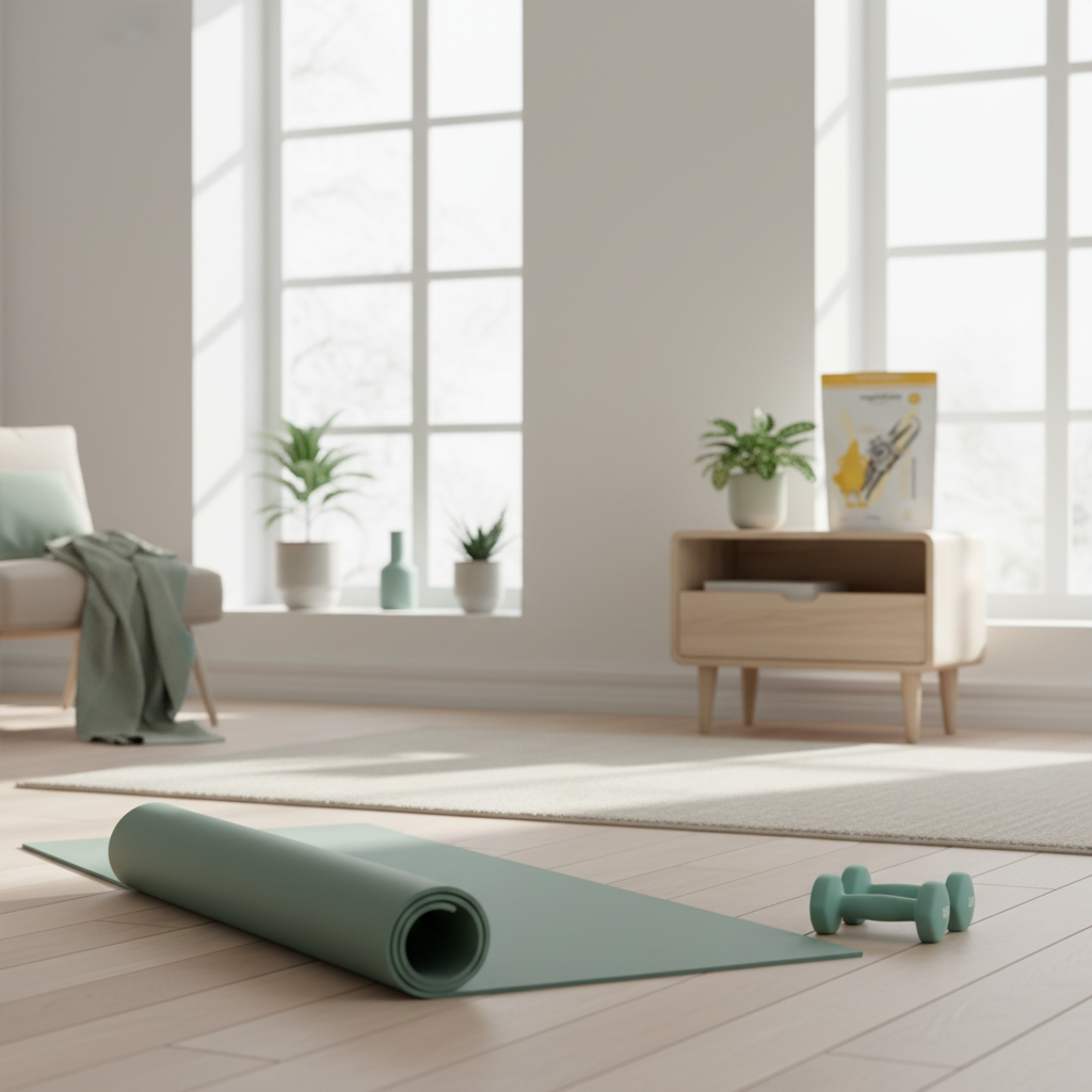 Minimalistische Heimtrainingsszene ohne Personen mit Yogamatte, leichten Kurzhanteln und Vegardians-Produkt neben Fenster im Winterlicht — Übungen gegen Bauchfett