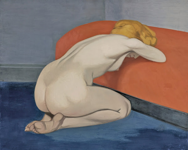 Naked Woman Kneeling In Front of a RedCouch 1915