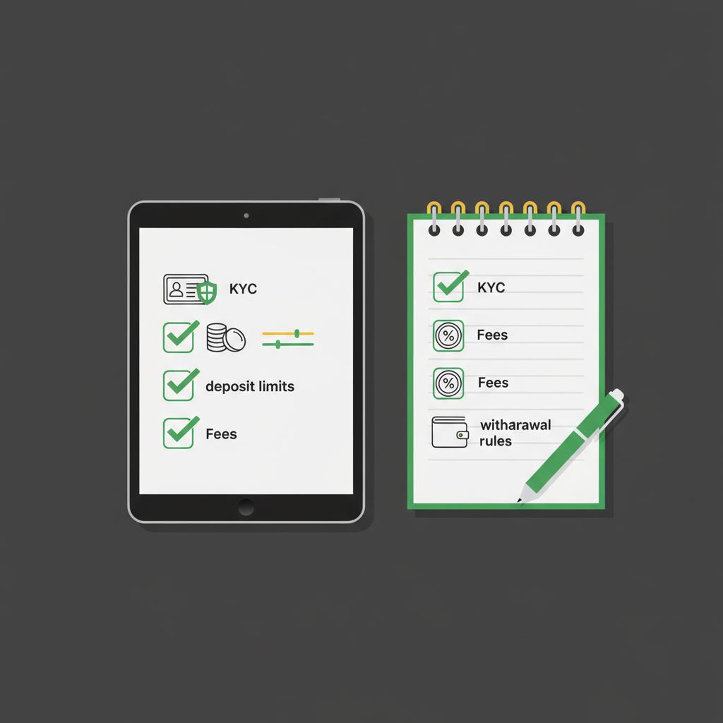 Minimalist vector checklist on tablet and paper showing ID KYC coins fees and withdrawal icons for crypto trading app in Finance Police brand colors
