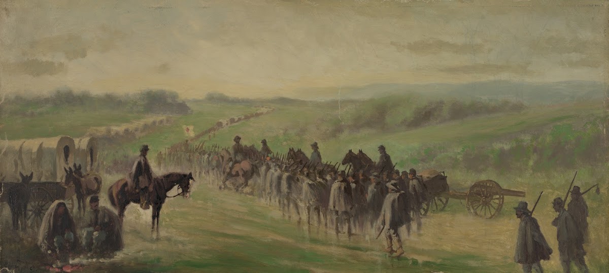 Pursuit of Lees army Scene on the road near Emmitsburg  marching through the rai