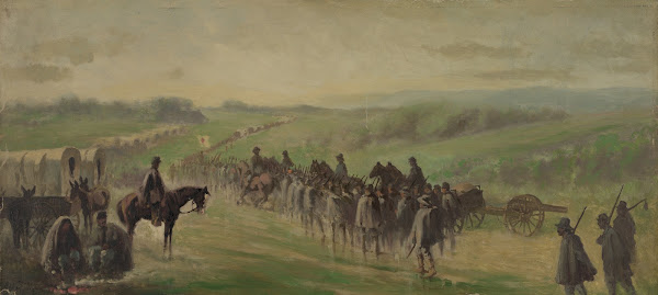 Pursuit of Lees army Scene on the road near Emmitsburg  marching through the rai