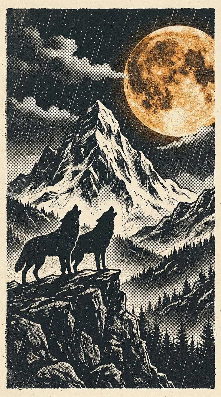 Stippled Retro Illustration of Wolves Howling at Giant Blood Moon - Free 4K mobile Wallpaper