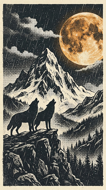 Stippled Retro Illustration of Wolves Howling at Giant Blood Moon - Free mobile Wallpaper