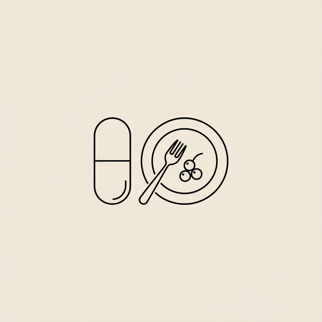 Minimalist Tonum-style line illustration of a capsule beside a plate with a fork and a small cluster of berries on beige background, representing phentermine weight loss.