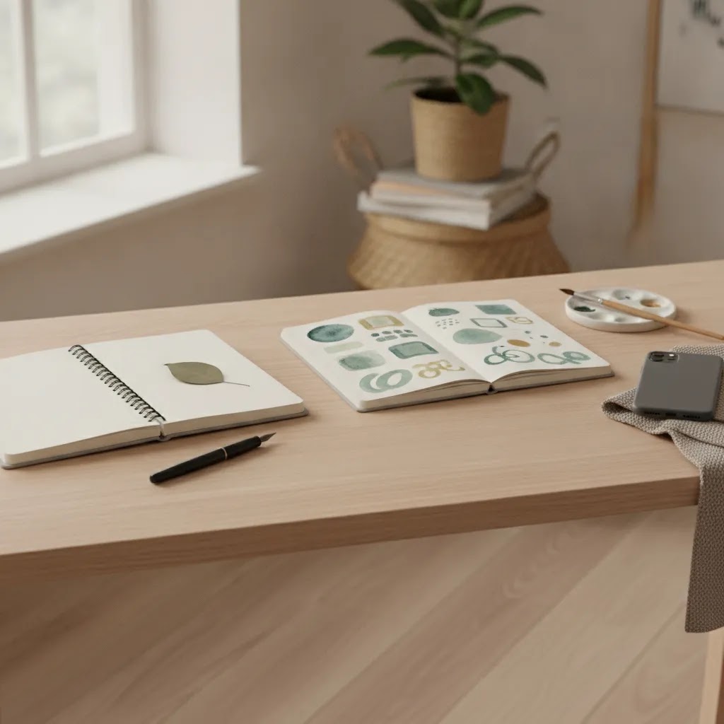 Mental health apps for teens comparison scene showing journaling, art-making, and private phone use in a calm setting
