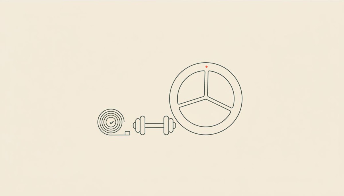 Minimalist Tonum-style line illustration of a tape measure, small dumbbell and a plate with balanced portions on a beige background - after menopause do you lose weight