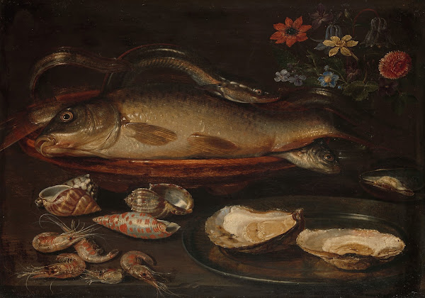 Still Life with Fish Sea Food and Flowers c 1612   c 1615