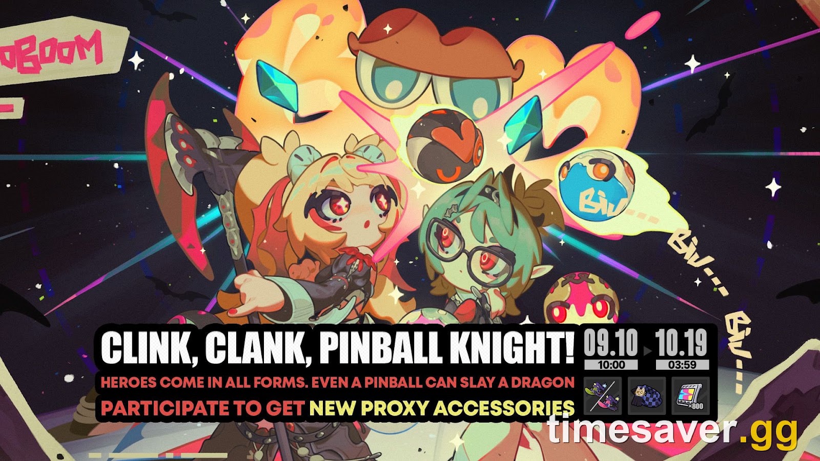 Official Zenless Zone Zero Clink, Clank, Pinball Knight! event banner listing the window as 09.10 10:00 to 10.19 03:59 with new Proxy accessories as rewards