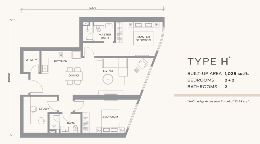 Khaya Residence Type H floor plan — 1108 sq ft, 3 bedrooms