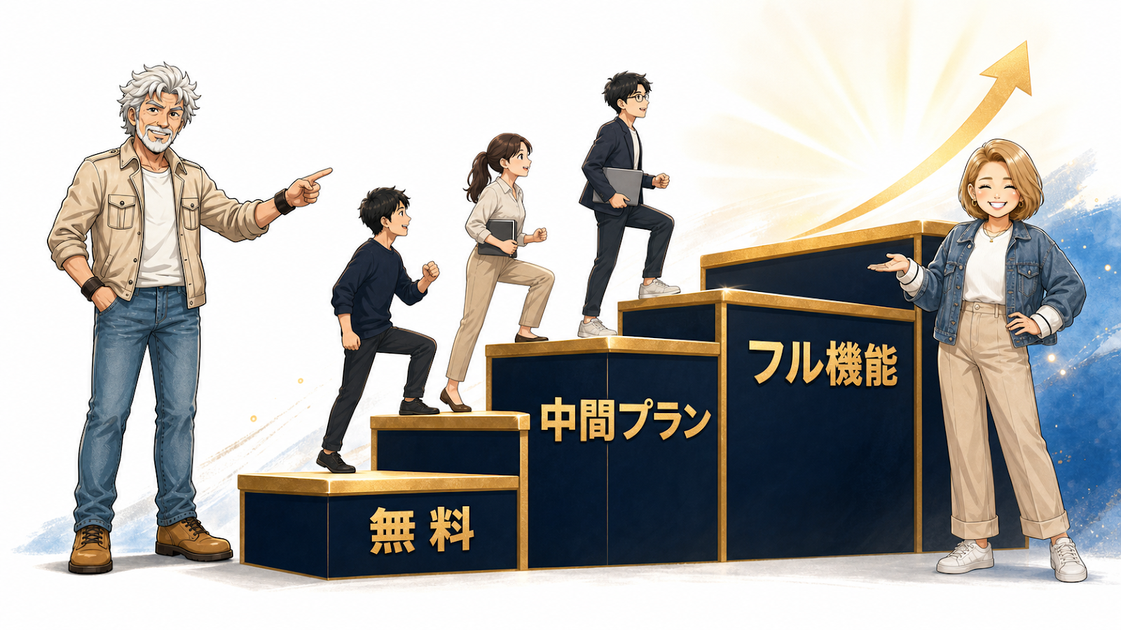 ジョセGと起業おかんが無料、中間プラン、フル機能の3段階を示す