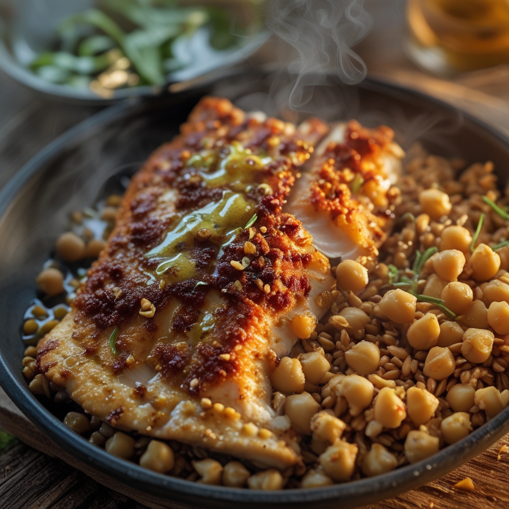 Final Harissa-Spiced Tilapia & Farro Bake with Lemon-Tahini Drizzle