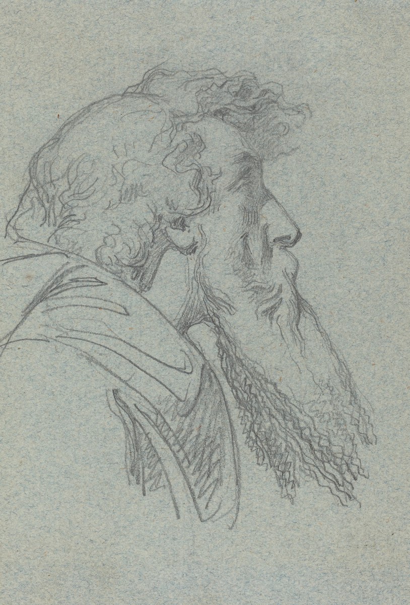Bearded Man Looking Up  Cloaked Figure with Raised Arms